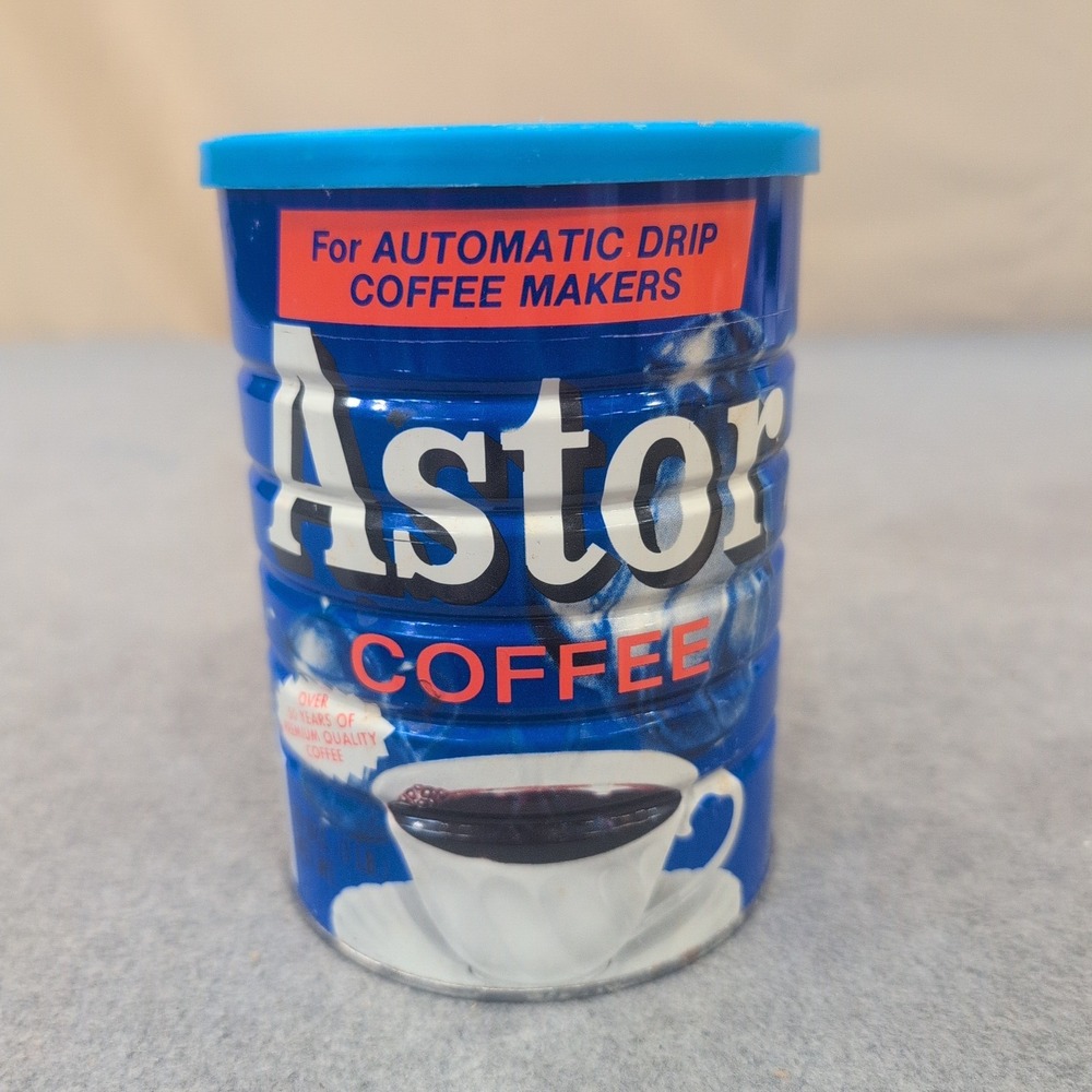 Vintage Astor Coffee Tin Metal Canister Blue 1971 Advertising Prop